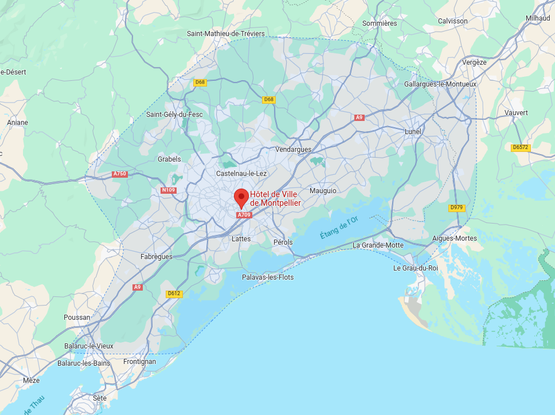 A screenshot of an 30 minutes isochrone map from the City Hall of Montpellier, using Google Maps.