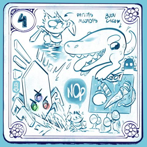Fanart del videojuego Tunic donde sobre una carta del juego hay dibujos del zorrito protagonista no queriendo mojarse las patitas, de un cocodrilo bipato, del loot obtenido y del Boss abusando