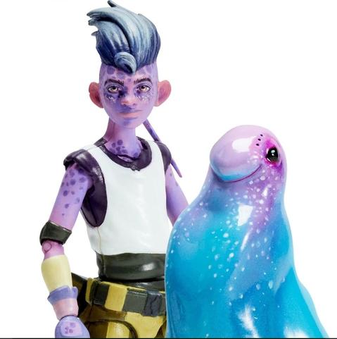 Dal and Murf action figures white background. Dal is dressed in his civilian clothes and has a utility belt. Murf is smiling. Dal looks determined.