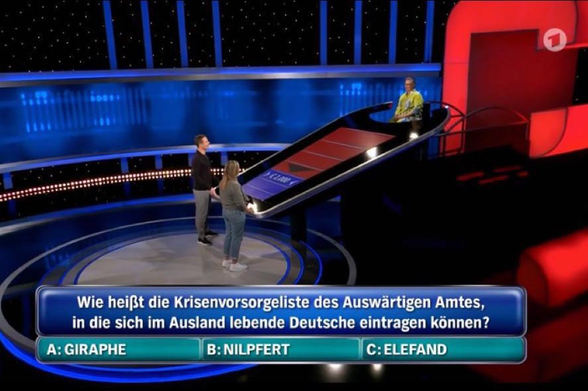 Ein Ausschnitt der Sendung „gefragt gejagt“. Eingeblendet ist die Frage, wie die Krisenvorsorgeliste des AAs heißt.
