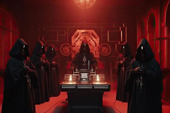 Dark robed figures in a red room conducting a sinister ritual.