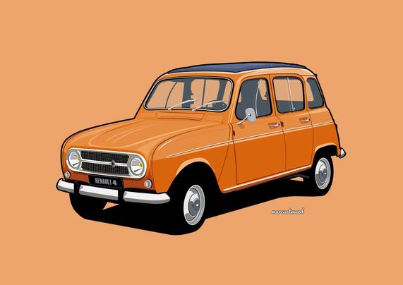 A digital illustration of an orange Renault 4 car.