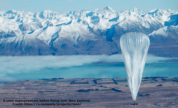 A loon superpressure balloon flying over New Zealand. You see the large balloon flying in the front, snow-covered mountains in the back.