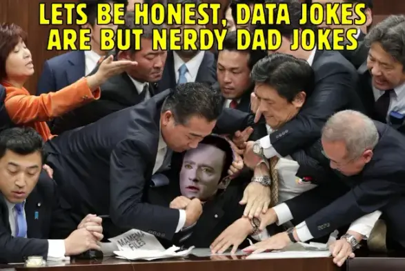 would meme shows a brawl in the japanese parliament with everyone trying to take the microphone away from one person who clings to it and tries to speak. that person is shopped in tng commander data

text: lets be honest, data jokes are but nerdy dad jokes