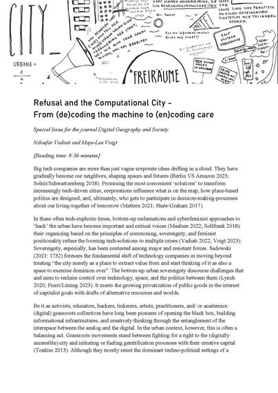 Call for Papers for "Refusal and the Computational City - From (de)coding the machine to (en)coding care"; graphic recording of the subject as a header with big letters saying "CITY" (left), some scribbles of a megaphone and a tomb stone saying "Freiräume" (free spaces). Some German quotes and street signs are displayed. For full call, please see weblink since Mastodon doesn't allow for such long ALT-texts, unfortunately. My apologies!