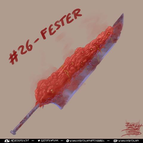 This design despicts a rusted bladed embedded in a mass of red flesh filled with pimples and festering hairs