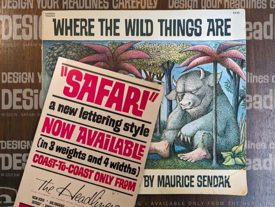 “Where The Wild Things Are” by Maurice Sendak, book cover title set in Safari Medium Semi-Condensed font by The Headliners, shown with promotional postcard