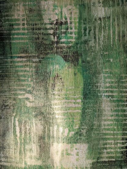 Gold, green, and black abstract textured paper made with gel plate.