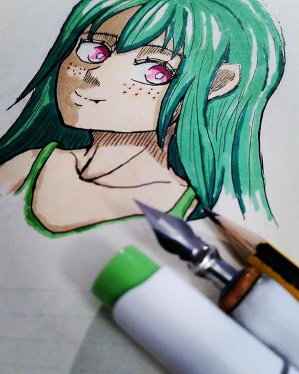 Sideview of manga girl with the three pens used