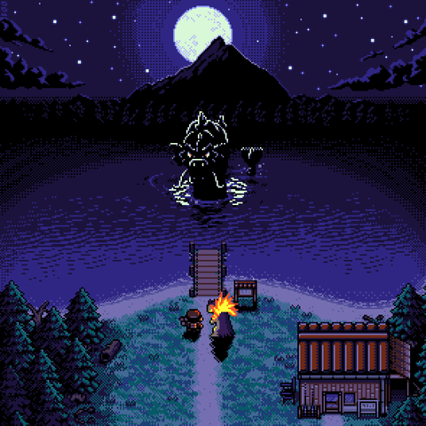 A gyarados towers in front of a trainer and their typhlosion at the lake of rage during a starry night.