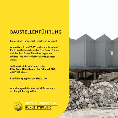 LINKS: Ein Zentrum für Menschen Rechte in Bochum - Am Mittwoch 27.09. findet eine Baustellenführung an der Feldmark 107 statt die um 17:00 Uhr startet, das Entgeld beträgt 6€. RECHT: Die ehemalige Trauerhalle Havkenscheid in ihrer renovierten neuen Funktion als Bibliothek. Davor Schutthaufen.
