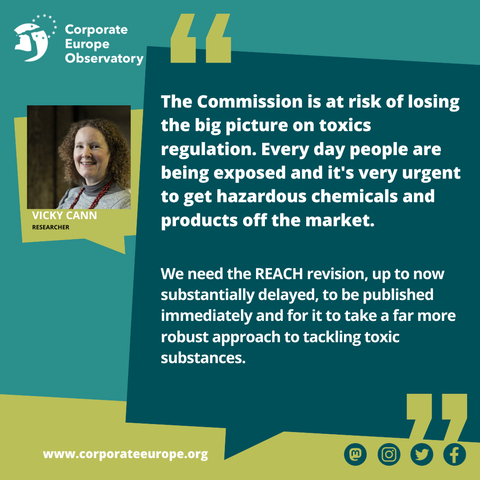 Photo of Vicky Cann, researcher at CEO, and the words:
The Commission is at risk of losing the big picture on toxics regulation. Every day people are being exposed and it's very urgent to get hazardous chemicals and products off the market. 
We need the REACH revision, up to now substantially delayed, to be published immediately and for it to take a far more robust approach to tackling toxic substances.