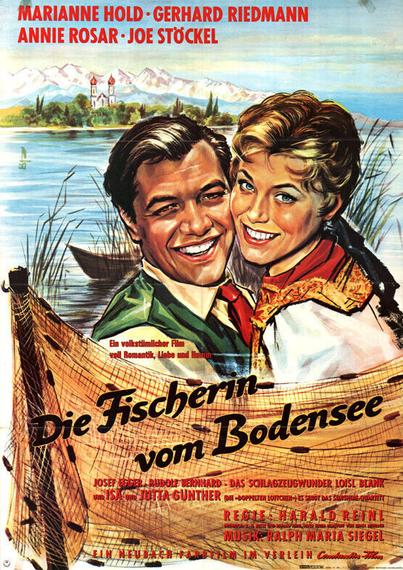 Filmposter "Die Fischerin vom Bodensee" mit einer Zeichnung eines Pärchens vor einem See und Bergen im Hintergrund
