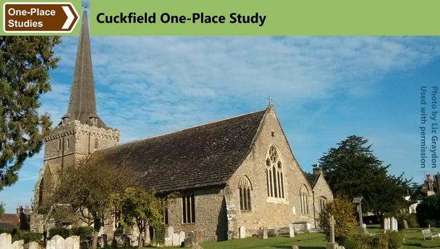 Society for One-Place Studies logo. Cuckfield One-Place Study.
Photo: Cuckfield church, with its spire at the left end of the building in this picture. There are many gravestones in the churchyard around it, and several trees can be seen in whole or in part.