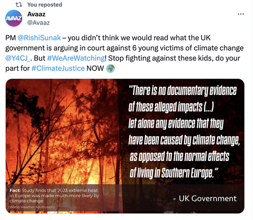 screen shot of a post from Avaaz directed at UK PM Rishi Sunak telling him that Avaaz is taking note of the government's defence arguments. #Wearewatching