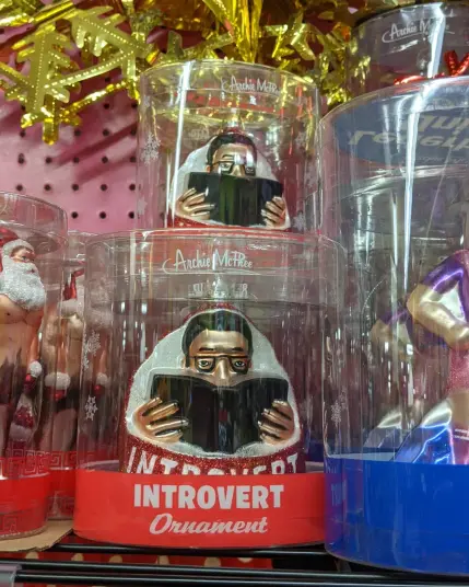 Photo of novelty Christmas decorations in packaging arranged on a wall