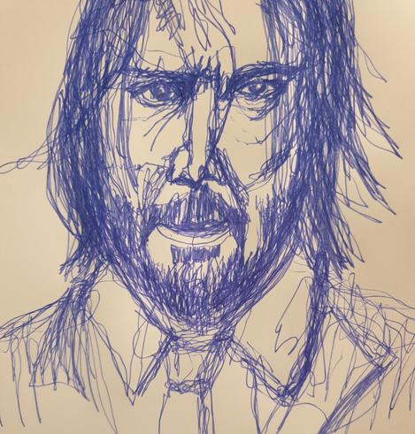 Continuous line blue pen drawing of John Wick facing camera