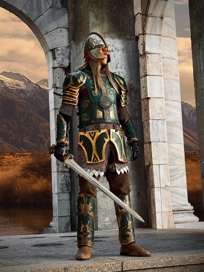 Photo of me standing in a white stone structure with open arches. I am wearing the armor of Théodred from The Lord of the Rings: The Two Towers. It consists of brass and green leather armor, wearing a helmet, and holding a prop sword. Behind the arches is a beautiful mountain landscape.