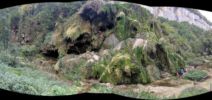 Massive calcite tufa deposit in Baumes le Messeiurs, France.
