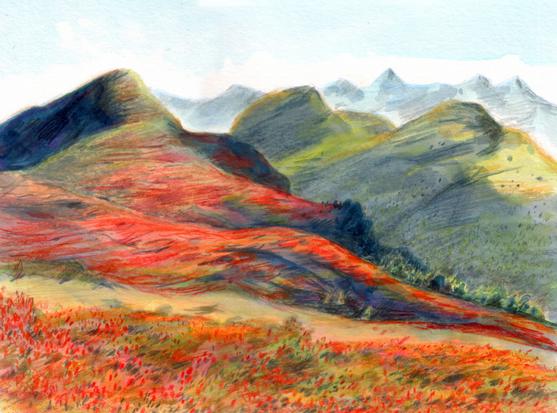 Mountains in red. Mountains in green and mountains in pale blue.