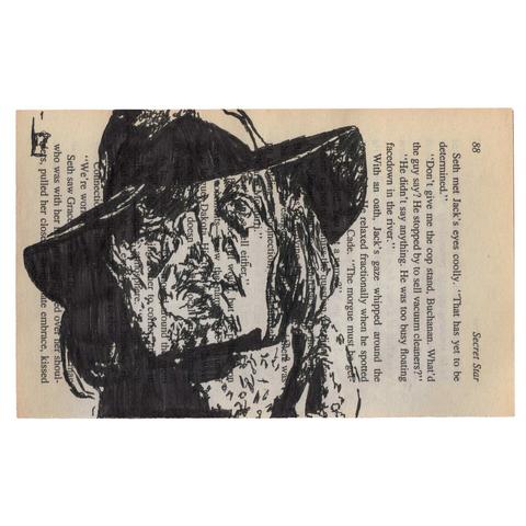 Pen drawing of monstrous man wearing a floppy fedora drawn on a torn-out book page.