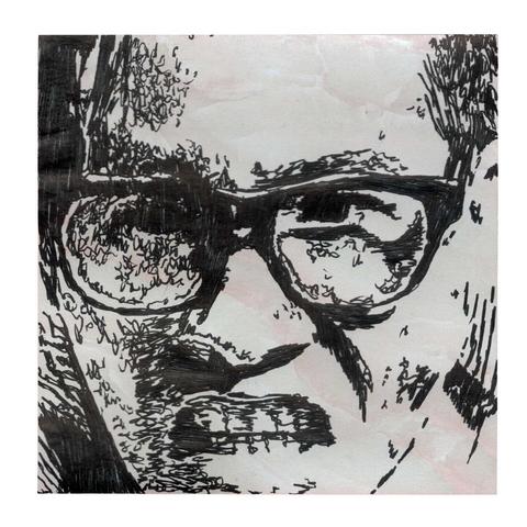 Pen drawing of a man with glasses sneering drawn on a crystal Post-It note.