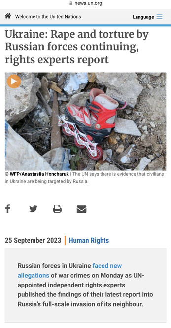 Screenshot of article from the United Nations about suspected war crimes committed by Russia against Ukraine.