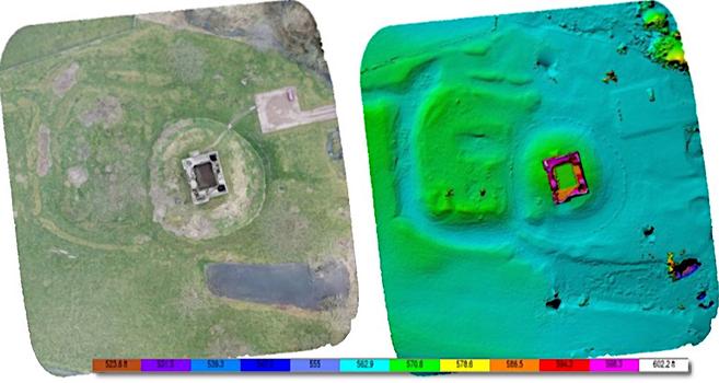 Two images of an aerial view of Hopton Castle in Shropshire.
The left image is an OrthtoPhoto, combining over 90 images taken from a drone, combined to show a 'birds eye view' of the area. The image on the right is a computer generated false colour digital 'model' which shows features such as the mound (motte) that the keep stands on, and the earth rorks in the surrounding area, ditches and raised areas unable to be seen from the image on the left.