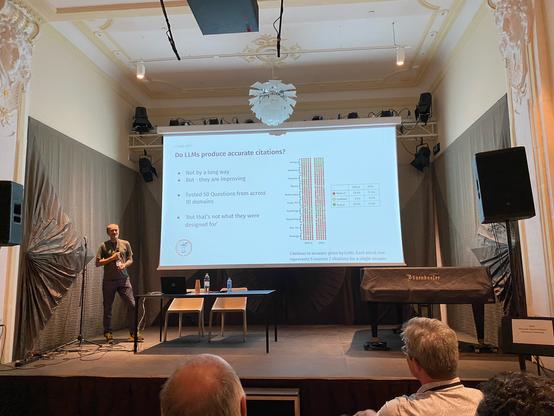 David Pride at TPDL2023 is presenting “CORE-GPT: Combining Open Access research and large language models for credible, trustworthy question answering” The current slide is titled “Do LLMs produce accurate citations?”