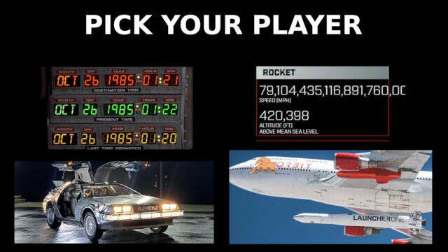 title: pick your player left, picture of back to the future movie sports car time machine + its data panel right, web panel of virgin orbit rocket showing speed (mph) 7910443511689176000 and a picture of besaid rocket