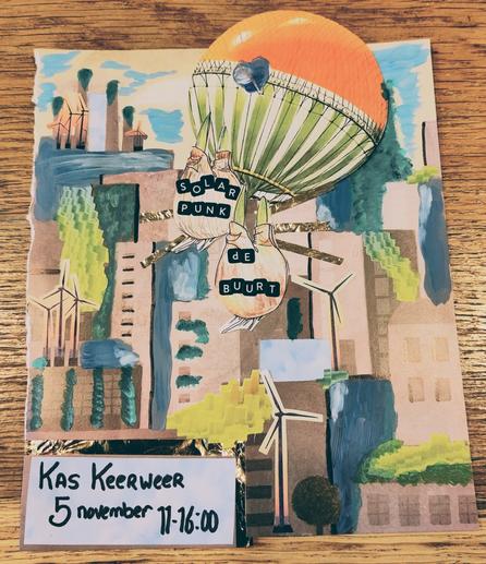 Collage with air balloon coming out of urban environment, 2 bulbs pasted over this with the words Solarpunk de buurt , buildings are painted blue and green.