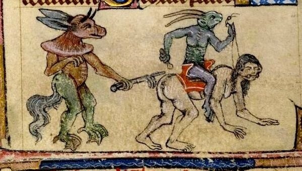 Medieval painting A man is being rode like a horse by a demon while another demon is wacking his butt with what looks like a mace / cattle prod.