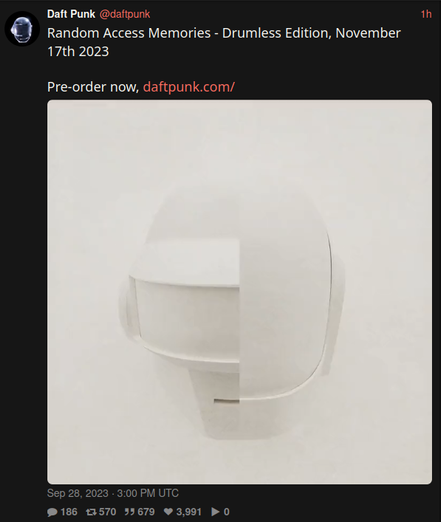 Screenshot of a tweet from Daft Punk about a Drumless Edition of Random Access Memories due to come out on November 17th.