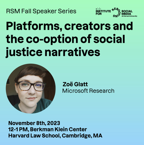 Imagine of event visuals for talk 'Platforms, creators and the co-option of social justice narratives'