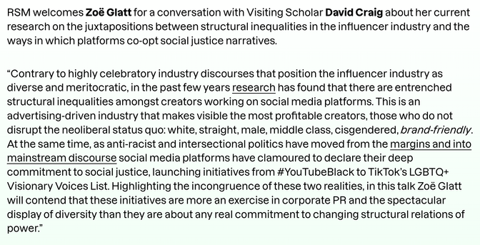 Abstract for talk 'Platforms, creators and the co-option of social justice narratives'