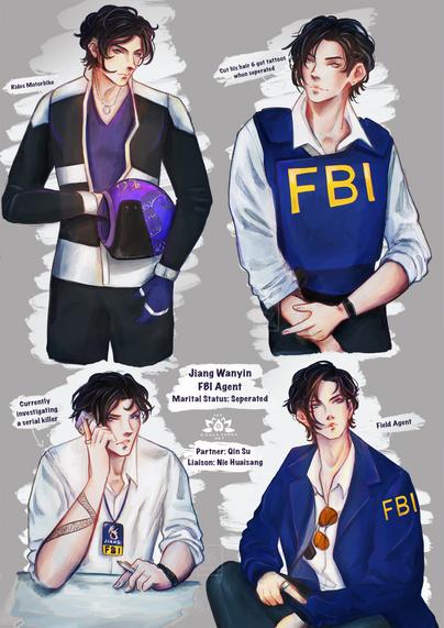 Compilation of artworks, fnart of Jiang Cheng from MDZS in a Modern AU setting where he's an FBI agent with short hair, one is with motorbike and a purple helmet, three various FBI uniforms, two eye contact