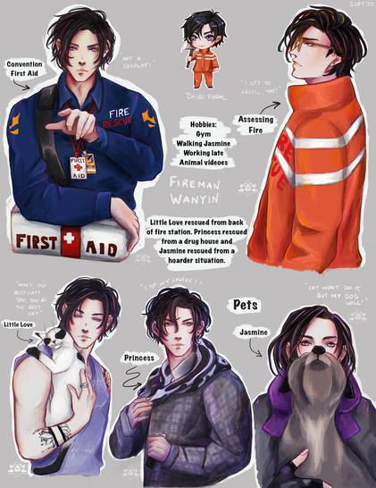 Fanart Compilation of Jiang Cheng form MDZS in a modern AU where he's a firefighter in a dark blue uniform, the fireproof outfit is bright orange. A chibi version with axe, three pictures with his pets, a cat on his shoulder, snake around his neck and finally a dog providing a 'beard' by looking up