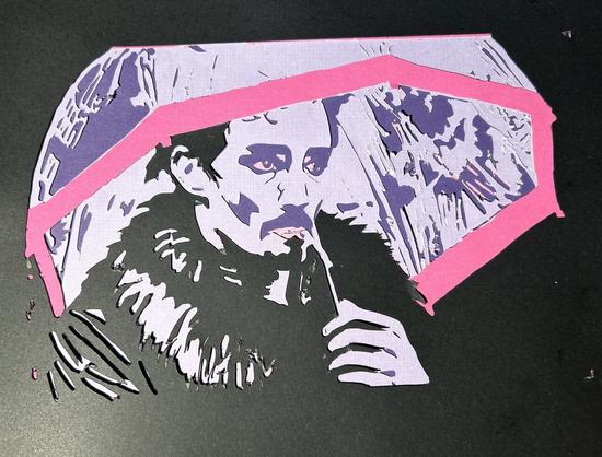 A portrait of Klaus Hargreeves from The Umbrella Academy, season one, episode one, standing in the rain with a pink and clear plastic umbrella, a cigarette, and a leather jacket with a fluffy collar. The portrait is done in layers of paper, pinks and purples and black.