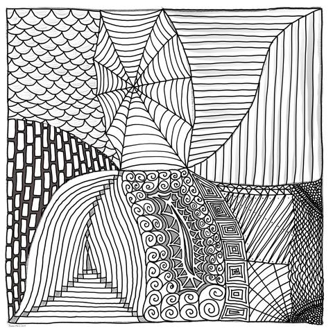 Black and white ink-style drawing done in the manner of a zentangle with varied patterned sections.