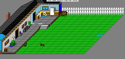 A screenshot of the yard and house exterior and interior in the 90s game Sim Ant. Everything is so 90s stylized and fantastic like early video games.