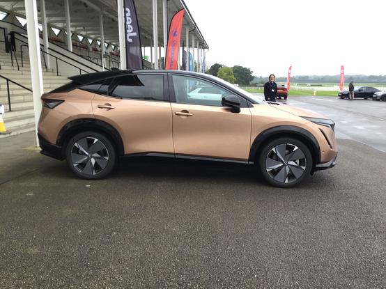 Copper metallic Nissan Ariya with black roof, side view