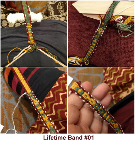collage of four photos weaving a narrow wool band. Top left: horizontal stripes alternating green and yellow, with dark red outside-edge vertical stripes (with white dots peeking out of the edges). Top right: an X and O alternating pattern starts. Bottom left: after the X and O, the shape morphs into diagonal tadpoles, where the tails point toward each other. Bottom right: two squared 8s touch each other, one in green, one in yellow. The band also shows the scale of weaving, since the band is slightly narrower than the width of my fingers.