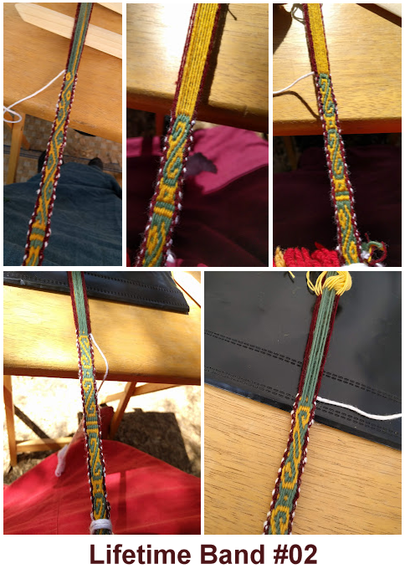 collage with five photos, captioned "Lifetime Band #02". 3 top photos and 2 bottom photos, showing different designs woven on center pattern threads of green and yellow, with dark red vertical stripes on the outside edges, dotted with white threads peeking out where the weft moves horizontally left and right. Shapes in the pattern sections vary between stylized S and Z figures with curled ends, diagonals running left then right, alternating with circles/eyes under the wide spaces of the diagonals (like a window in a hill), and stylized S/Z shapes with two diagonals in the center columns.
