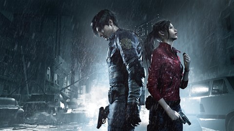 Leon y Claire, espalda contra espalda, bajo la lluvia de Raccoon City.