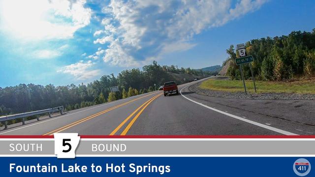 Drive America's Highways for 6 miles south along Arkansas Highway 5 from Fountain Lake to Hot Springs, Arkansas.