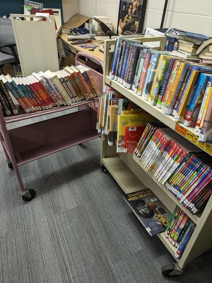 Book carts filled with books.