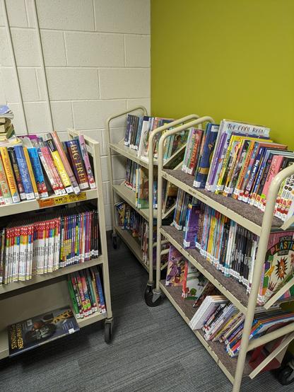 Book carts filled with books.