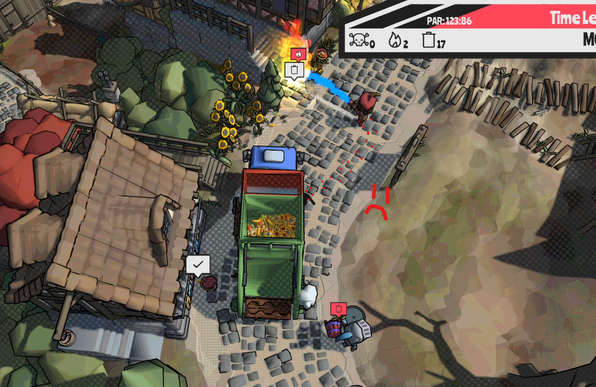 Screenshot of Garbage Crew! Showing A garbage truck in a medieval setting and three players. One player is carying a bucket, one is holding onto the truck and the one is extinguishing a fire with a water jet with no visible hose attached. The screenshot is annotated with red dots that show where the hose should be and a sad smiley.