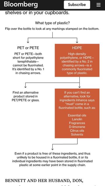Diagram of markings on plastic & replacement ideas for them

Bloomberg shelves or in your cupboards. What type of plastic? Flip over the bottle to look at any markings stamped on the bottom. PET or PETE PET or PETE—both short for polyethylene terephthalate— cannot be fluorinated. It's identified by a No. 1 in chasing arrows. Find an alternative product stored in PET/PETE or glass.

Even if a product is free of these ingredients, and thus unlikely to be housed in a fluorinated bottle, it or its individual ingredients may have been stored in fluorinated plastic at some earlier point in the supply chain.

BENNETT AND HER HUSBAND, DON,