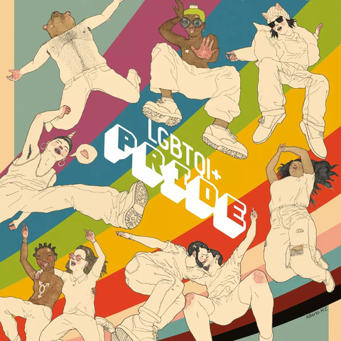 Affiche de la gay pride de Biarritz 2022.
Sur fond de drapeau arc-en-ciel, plusieurs personnages vus de dessous entourent les mots LGBTQI+ PRIDE